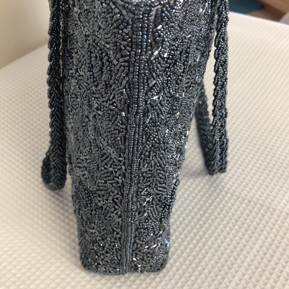 Silver Beaded Bag Braided Double Handle 3-D Floral Pattern Satin Lined 12”x8”x3” - Picture 8 of 17